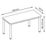 Disegno tecnico della scrivania HILO 614 S con lunghezza 1400 mm, profondità 672 mm e altezza 685-810 mm di hjh OFFICE PRO