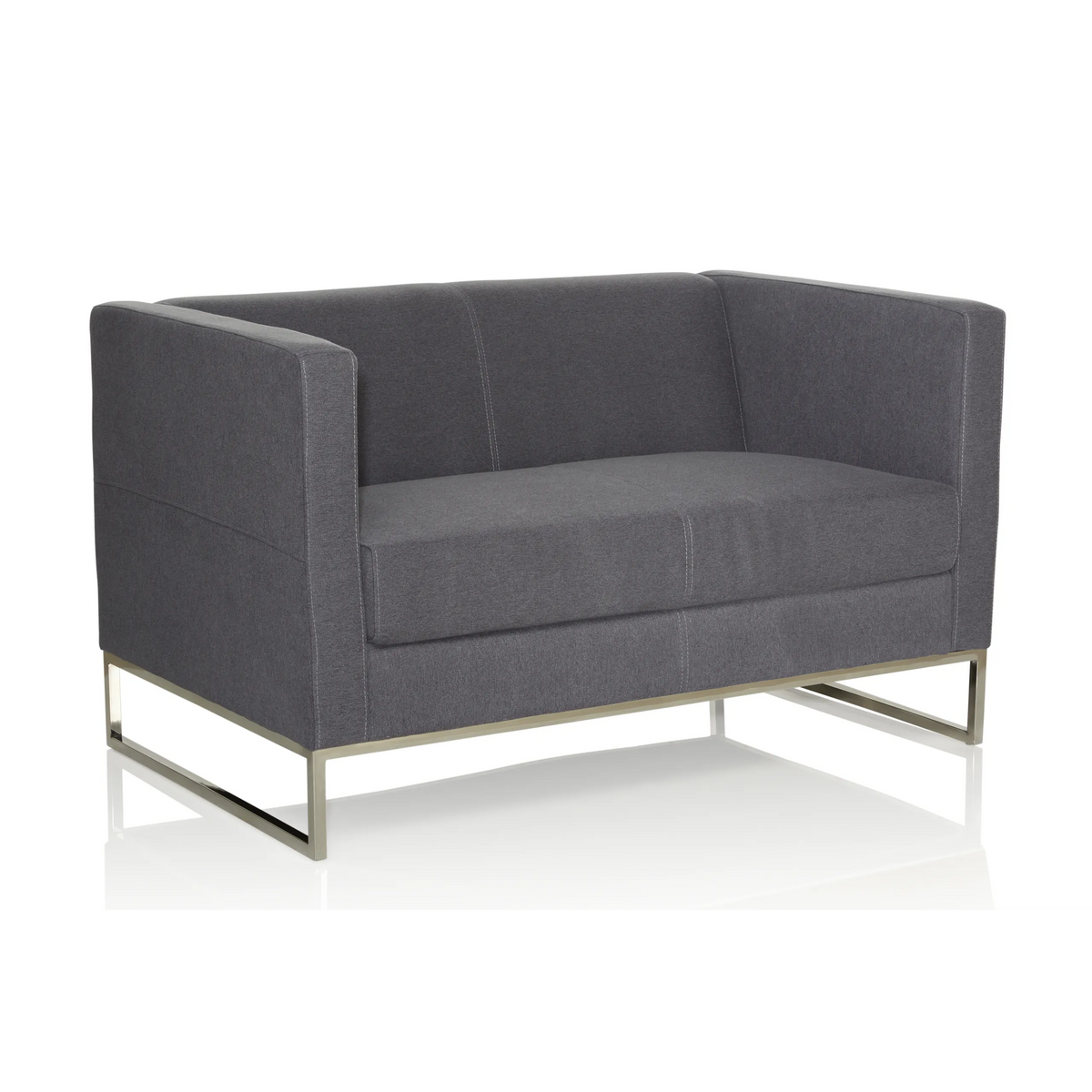 Sofà lounge BARBADOS grigio scuro a due posti con struttura in metallo di hjh OFFICE – vista a 360° (vista posteriore a tre quarti 120°)