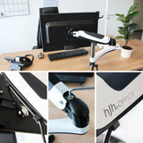 Supporto per monitor VM-MG1 bianco e nero con braccio articolato, gestione dei cavi e logo aziendale di hjh OFFICE