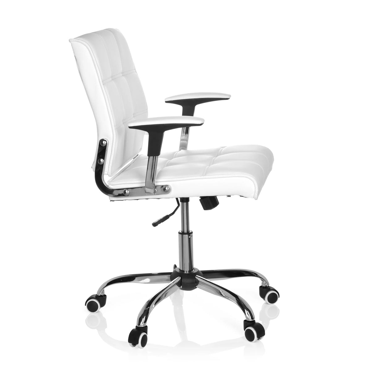 Sedia Home Office ERNESTO bianca con imbottitura trapuntata e base a cinque ruote di hjh OFFICE – vista a 360° (profilo laterale 80°)