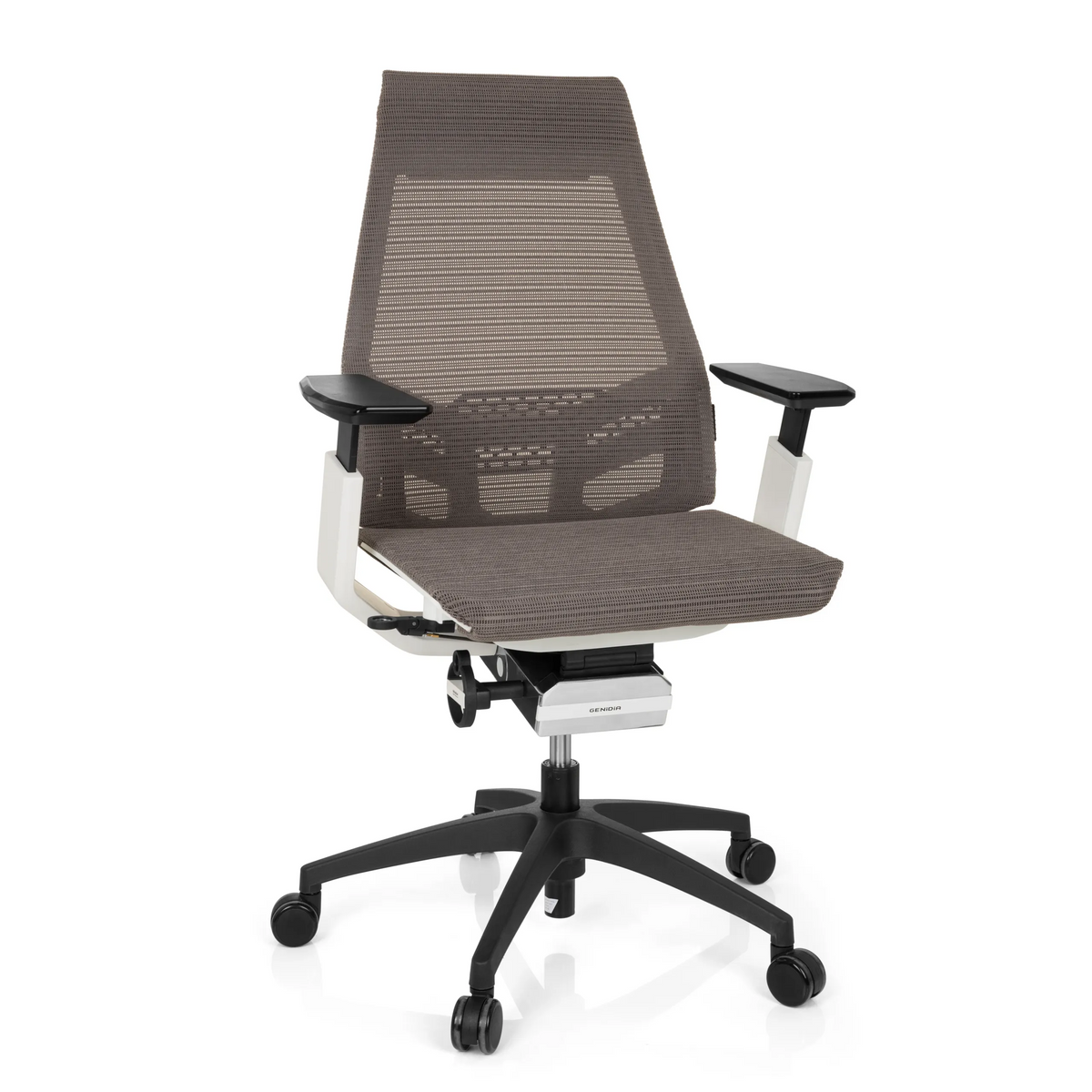 Sedia da ufficio professionale GENIDIA SMART WHITE grigio-bianca con schienale in rete e base a cinque ruote di hjh OFFICE – vista a 360° (vista frontale 20°)