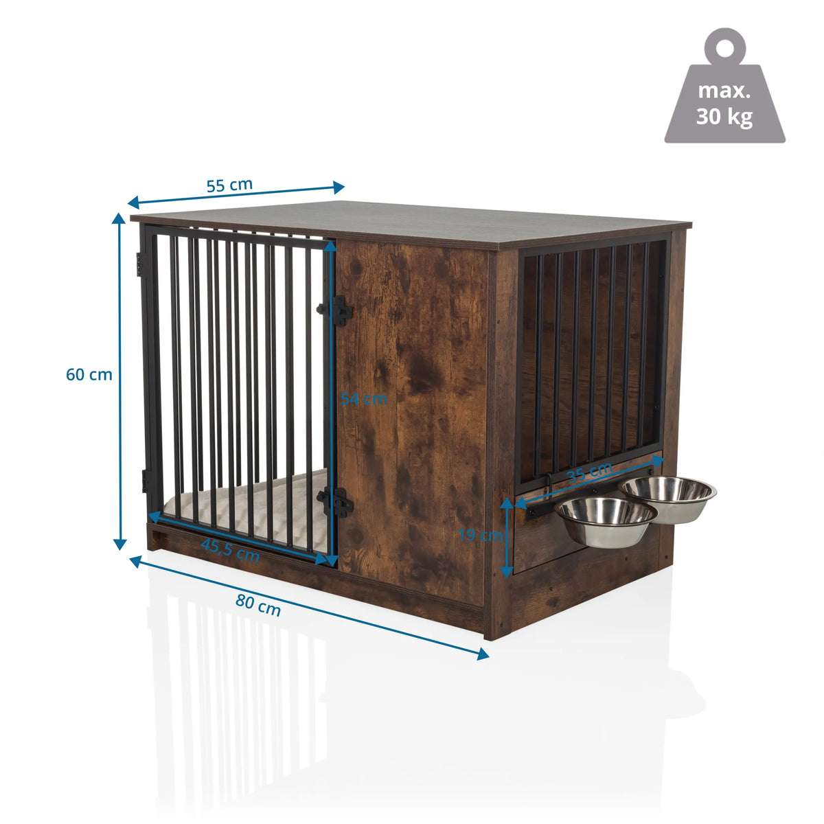 Disegno tecnico del trasportino per cane PAWHOME S in marrone, 80 × 55 cm con due ciotole per il cibo di hjh LIVING
