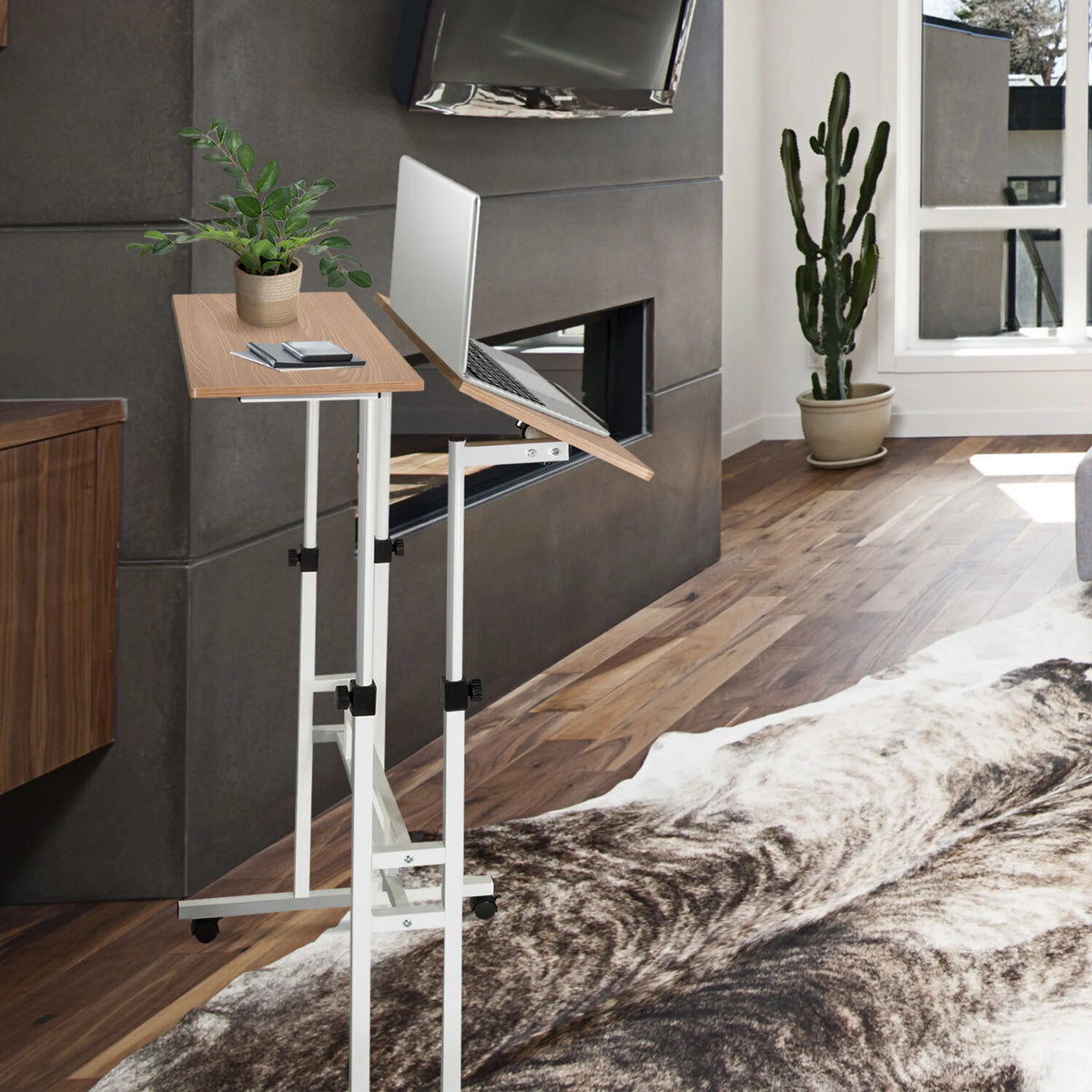 Scrivania in piedi WORKSTATION I in bianco e rovere con supporto per laptop su ruote di hjh OFFICE