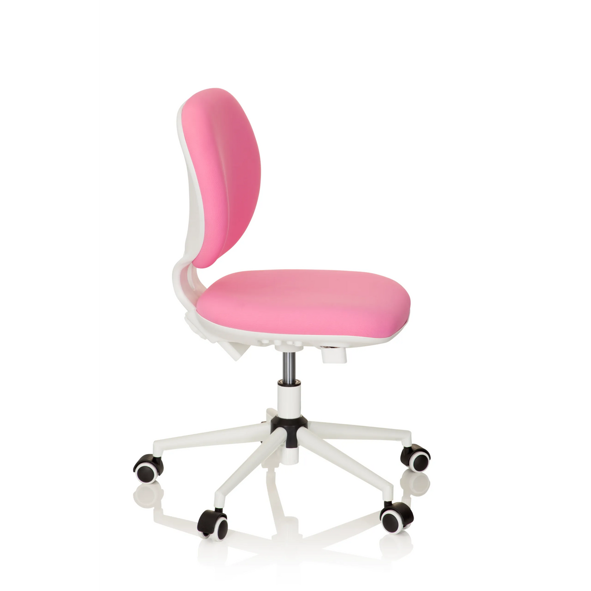 Sedia girevole per bambini KID VIVO rosa con base bianca e cinque rotelle di hjh OFFICE – vista a 360° (profilo laterale 80°)