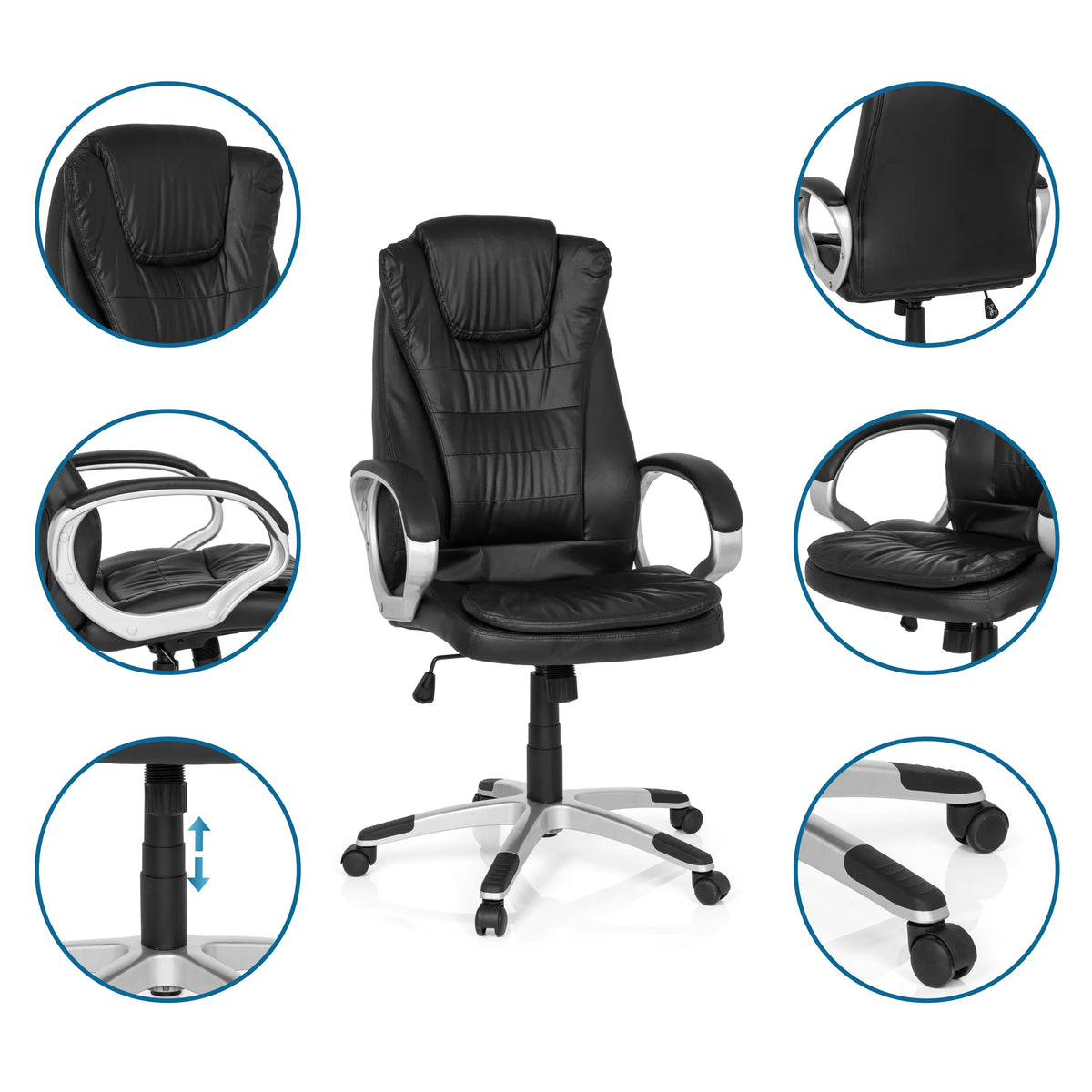 Sedia da gaming RELAX WB100 in nero con viste dettagliate dei braccioli, del pistone a gas e delle rotelle di MyBuero