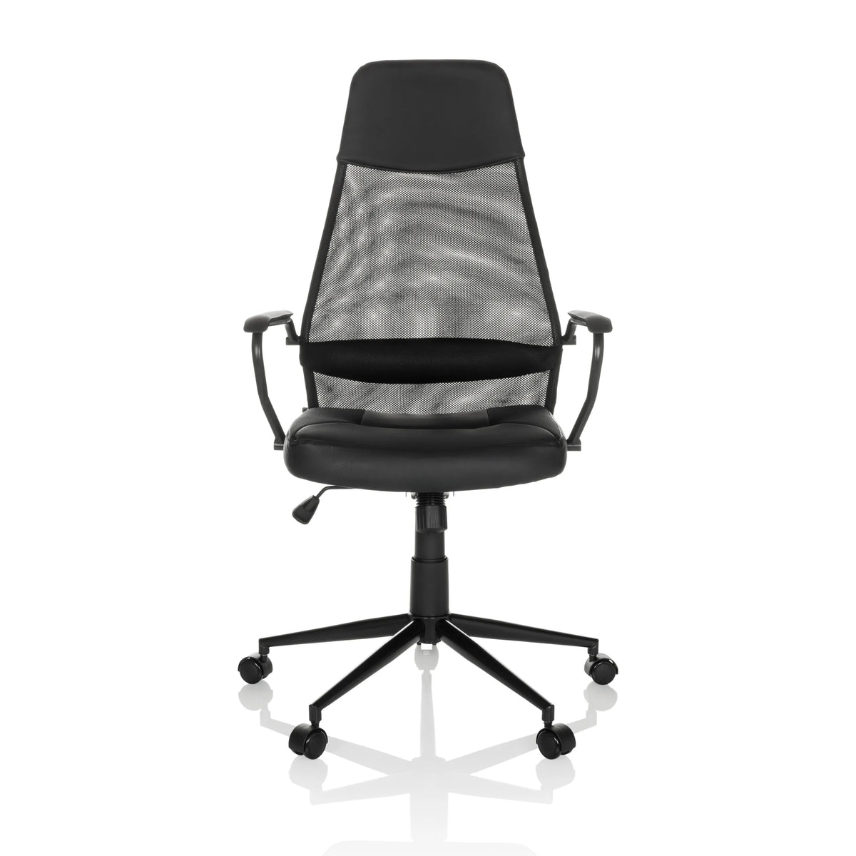 Poltrona Home Office MARCOZ nera con schienale in rete e base a cinque ruote di MyBuero – vista a 360° (vista frontale 0°)