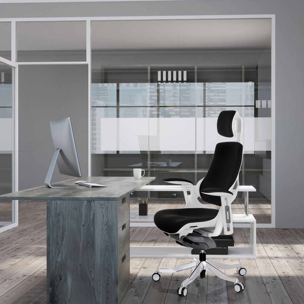 Sedia da ufficio professionale SPEKTRE con rivestimento in tessuto nero e struttura bianca in un ufficio moderno di hjh OFFICE