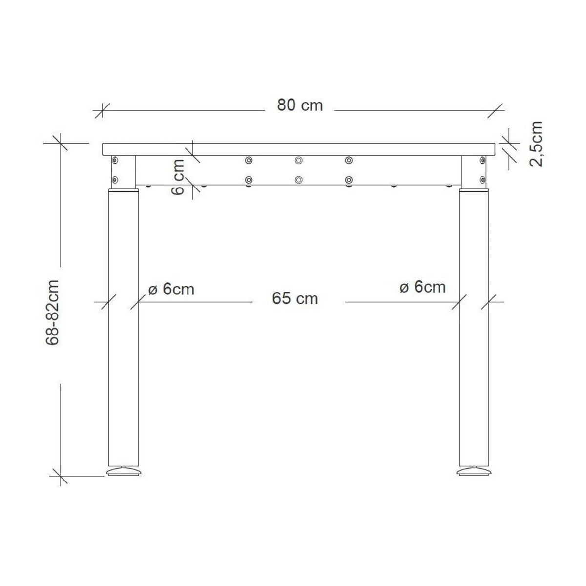 Maßzeichnung des Schreibtisches YAMA 12 G mit einer Breite von 80 cm und Höhe von 68-82 cm von hjh OFFICE PRO