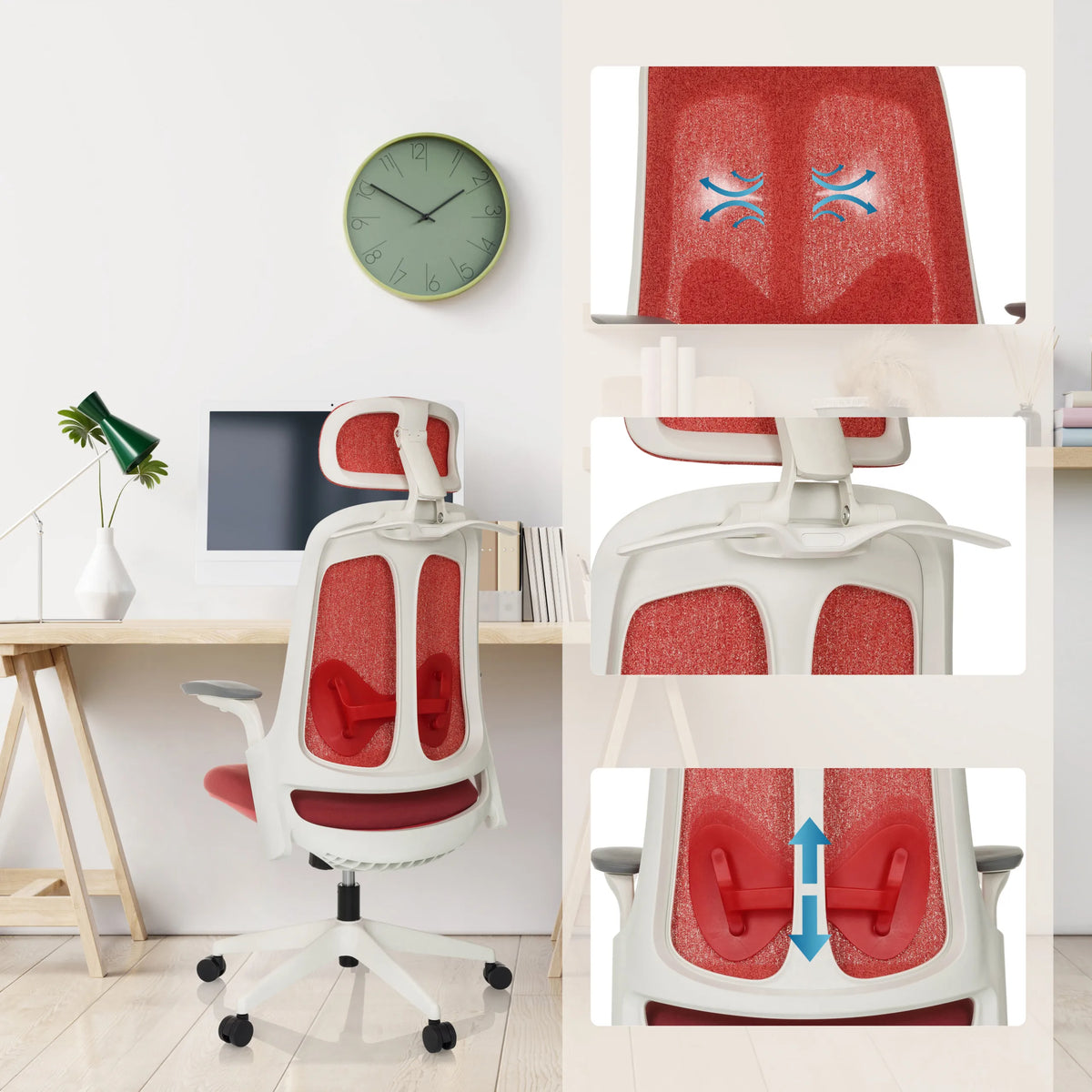 Rivestimento in tessuto rosso e supporto lombare regolabile in altezza della Sedia da ufficio professionale ARCEO WF di hjh OFFICE