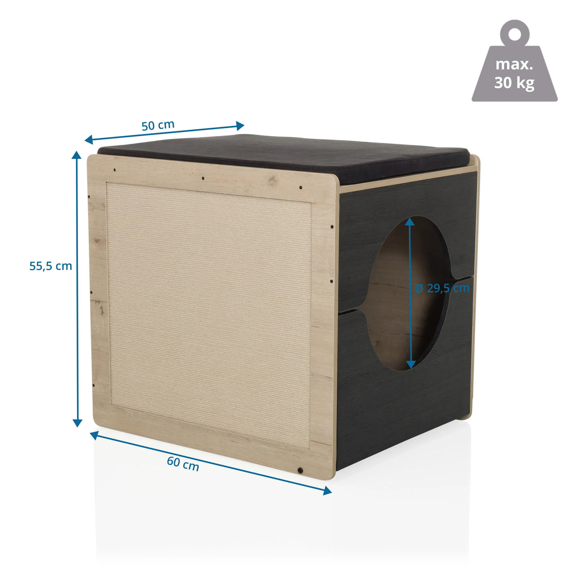 Vista dimensionale della Cuccia per gatto KITTY PAWBOX 2 con un'altezza di 55,5 cm e una larghezza di 60 cm di hjh LIVING