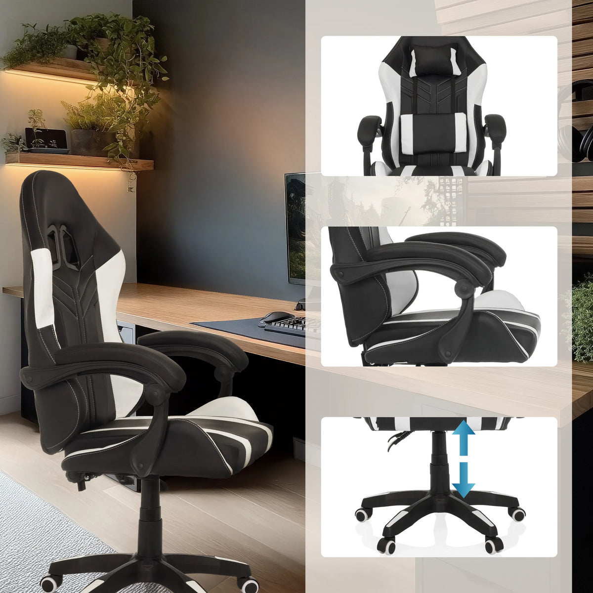 Sedia da gaming GAMEBREAKER W02 in bianco e nero con braccioli regolabili e pistone a gas di MyBuero