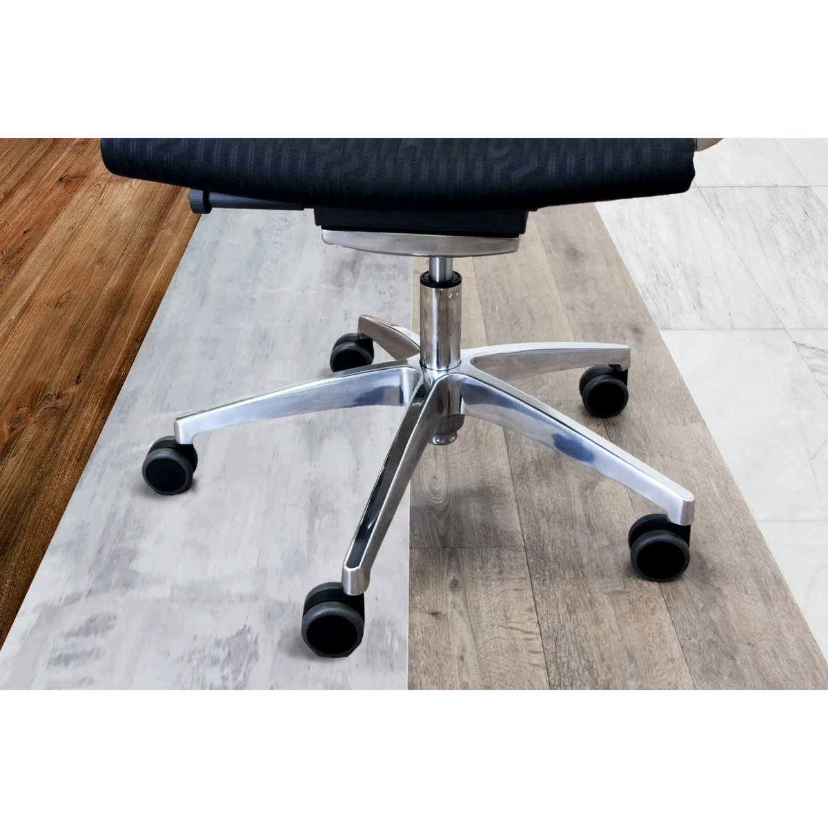 Base a cinque razze con rotelle per sedia nere 5x ROLO 10mm/65mm in metallo lucido su un pavimento in legno di hjh OFFICE