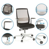 Sedia da ufficio high-end FOUNTAINE PRO in nero con viste dettagliate delle opzioni di regolazione e dei materiali di hjh OFFICE