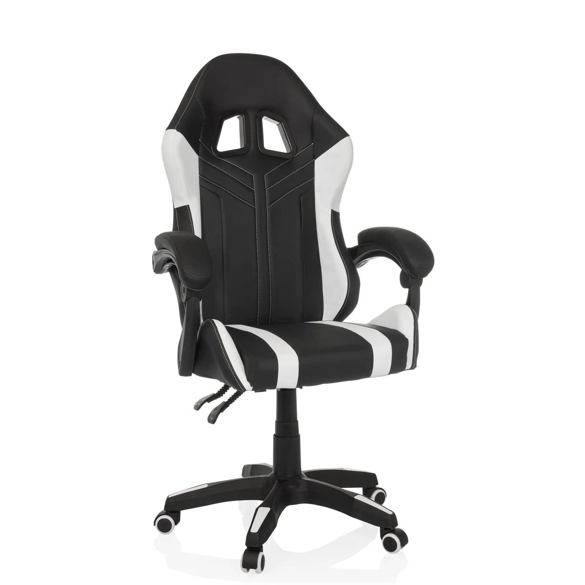 Sedia da gaming GAMEBREAKER W02 bianca e nera con base a cinque ruote di MyBuero – vista a 360° (vista frontale a tre quarti 30°)