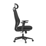 Sedia da ufficio professionale Filaro nera con schienale in rete, poggiatesta e base a cinque ruote di hjh OFFICE – vista a 360° (profilo laterale 90°)