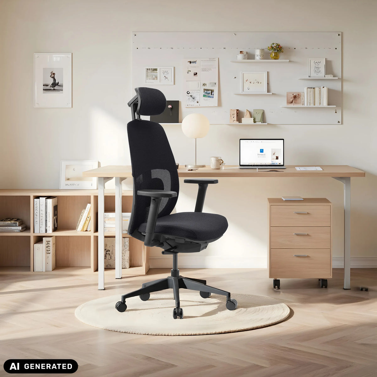 Sedia da ufficio professionale Skandis Pro nera con poggiatesta in un home office di hjh OFFICE (immagine generata dall’IA)