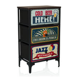 Cassettiera AMERIKO S con tre cassetti decorati in stile vintage e struttura nera di hjh LIVING – vista a 360° (vista frontale a tre quarti 30°)