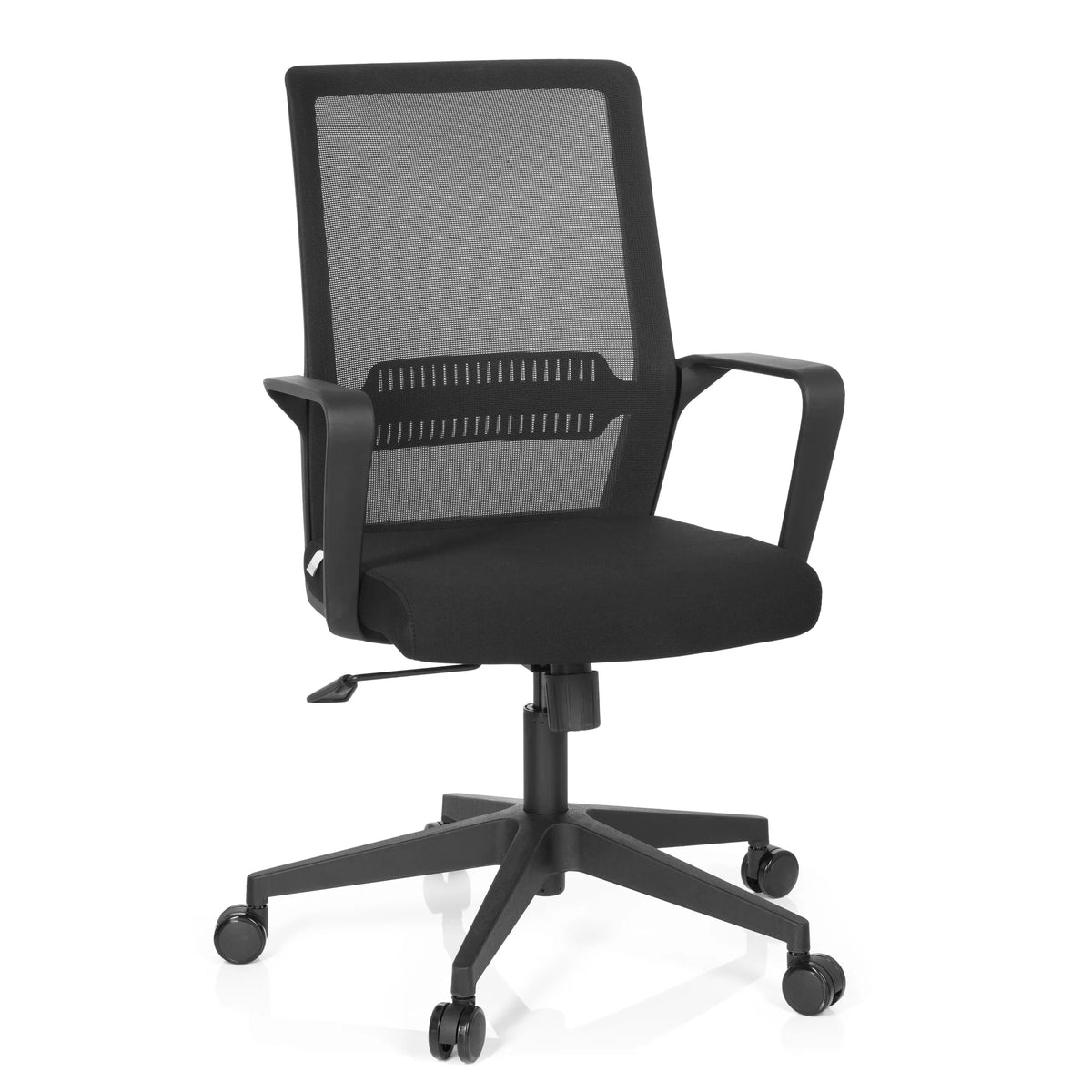 Sedia Home Office PRESTON nera con schienale in rete e base a cinque ruote di hjh OFFICE – vista a 360° (vista frontale 20°)