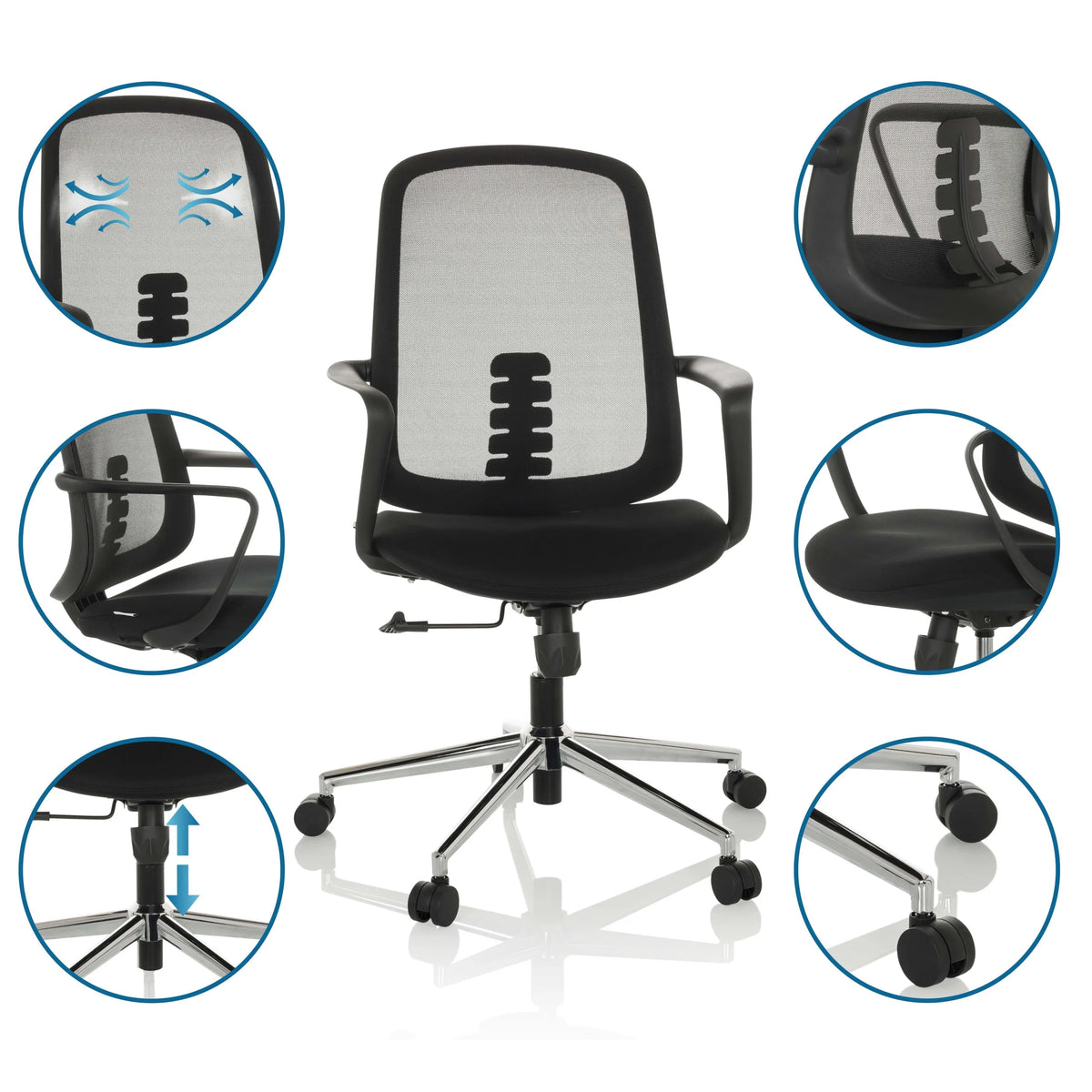 Sedia Home Office SEDIOLO B in nero con diverse viste dettagliate delle funzioni di hjh OFFICE