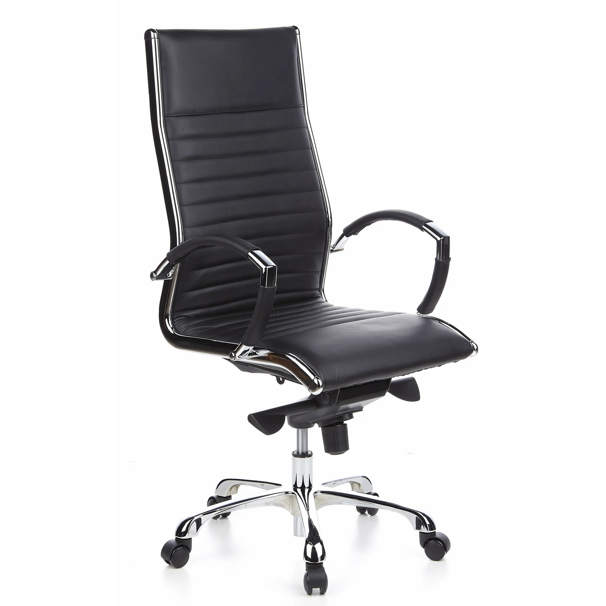 Poltrona professionale PARMA 20 nera con rivestimento in pelle trapuntata e base a cinque ruote di hjh OFFICE – vista a 360° (vista frontale a tre quarti 40°)