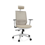 Sedia da ufficio professionale PROFONDO PRO W beige con schienale a rete, poggiatesta e base bianca di hjh OFFICE – vista a 360° (vista frontale 20°)