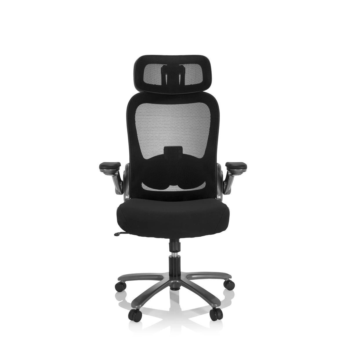 Sedia girevole XXL INSTRUCTOR T I PRO nera con schienale in rete e base a cinque ruote di hjh OFFICE – vista a 360° (vista frontale 0°)