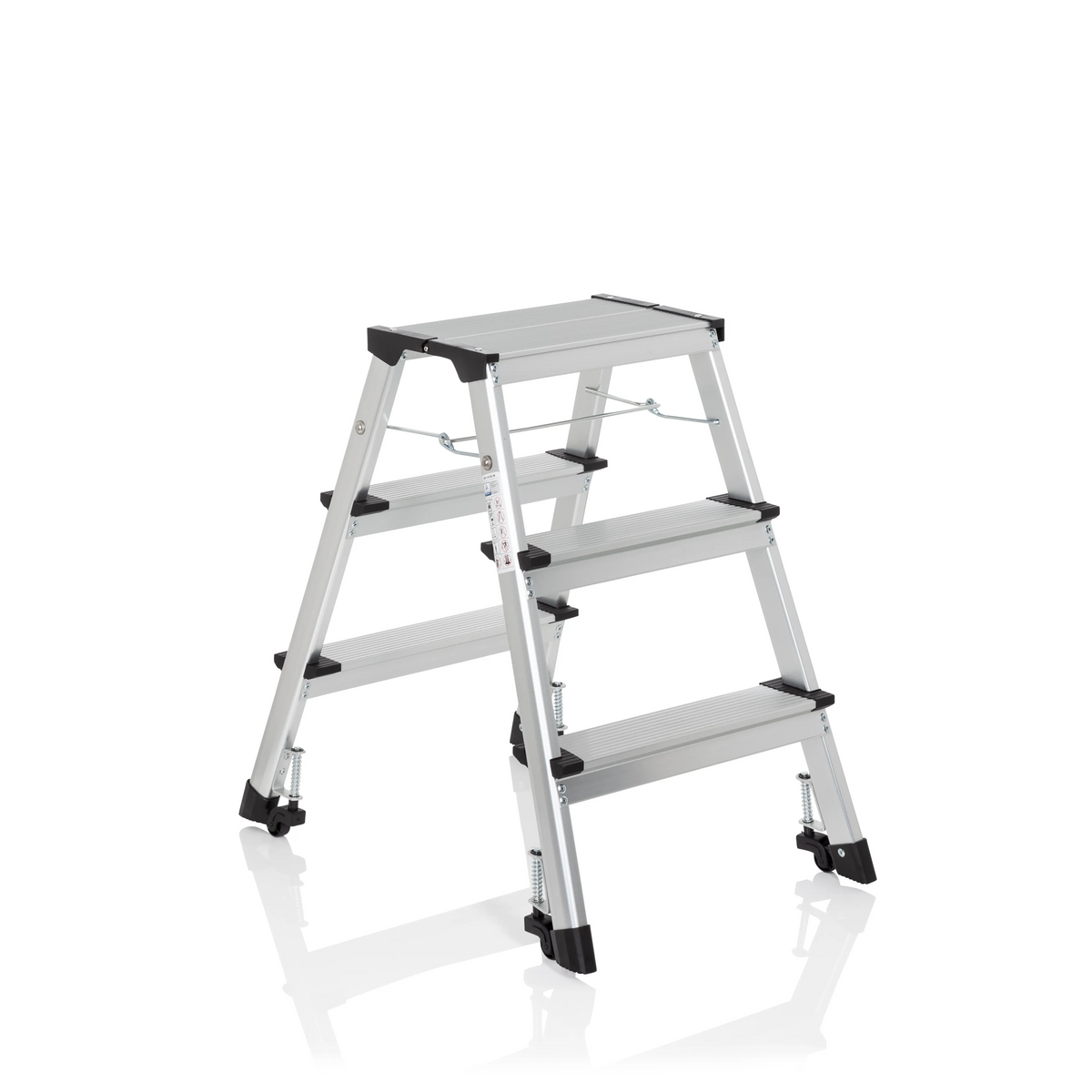 Silberne Klappleiter SOLID IV aus Aluminium mit drei Stufen von hjh OFFICE – 360-Grad-Ansicht (schräge Frontansicht 40°)