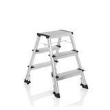Silberne Klappleiter SOLID IV aus Aluminium mit drei Stufen von hjh OFFICE – 360-Grad-Ansicht (schräge Frontansicht 40°)