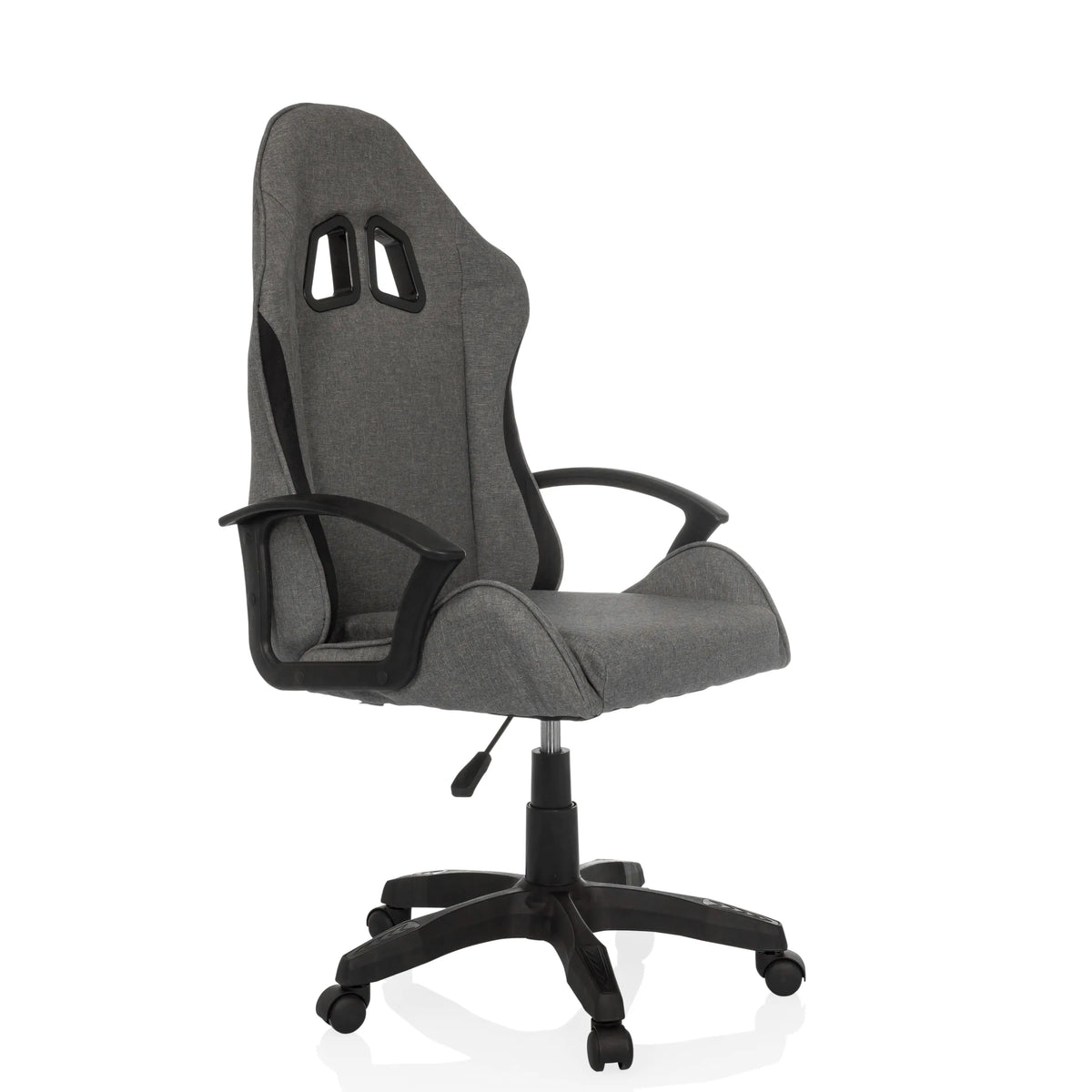 Grauer Gamingstuhl GAMEBREAKER W01 mit zwei Kopfstützenausschnitten und Fußkreuz mit fünf Rollen von MyBuero – 360-Grad-Ansicht (schräge Frontansicht 45°)