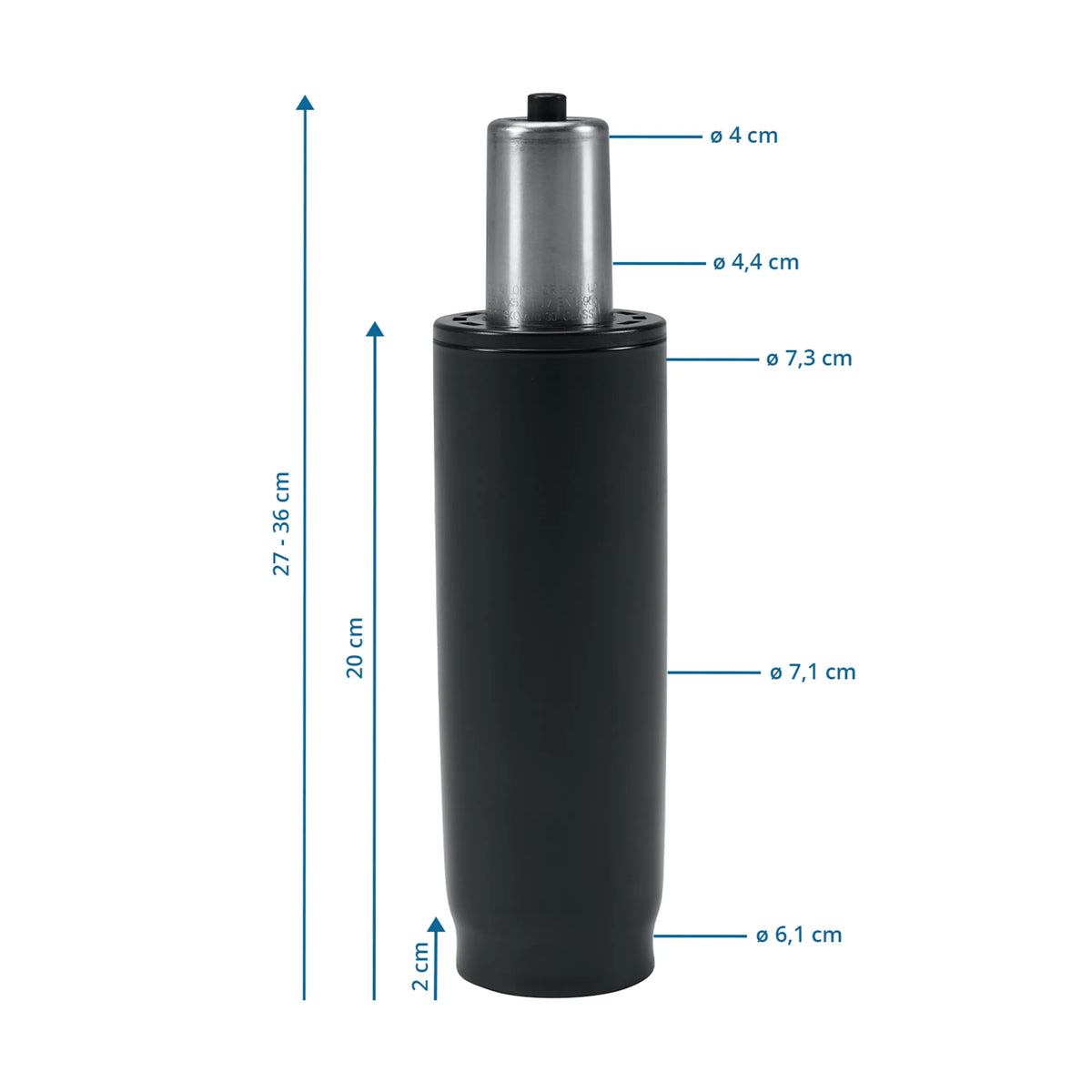 Disegno dimensionale della molla a gas GF-XXL con un'altezza da 27 a 36 cm di hjh OFFICE