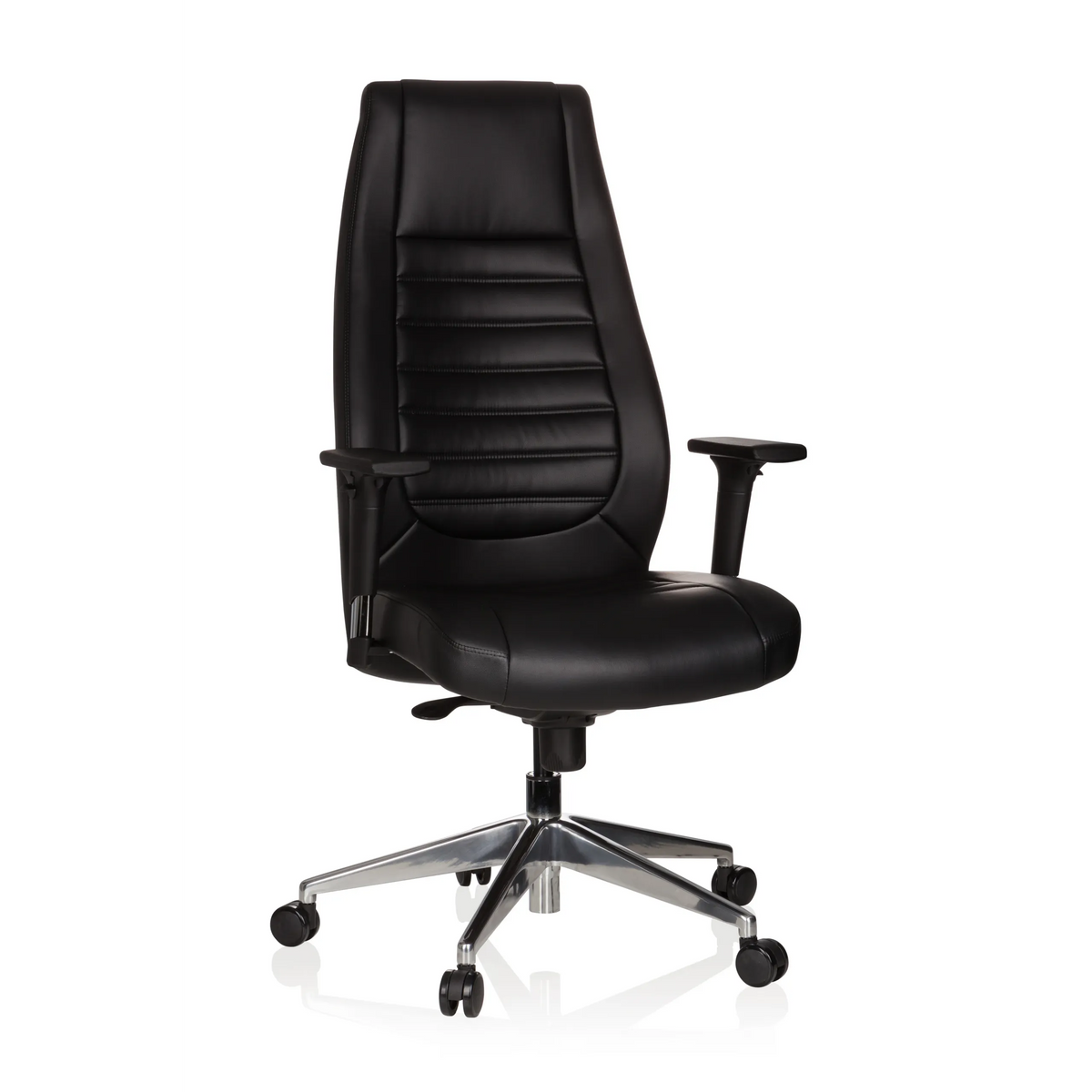 Poltrona professionale VITORO nera con schienale trapuntato e base a cinque ruote di hjh OFFICE – vista a 360° (vista frontale 20°)