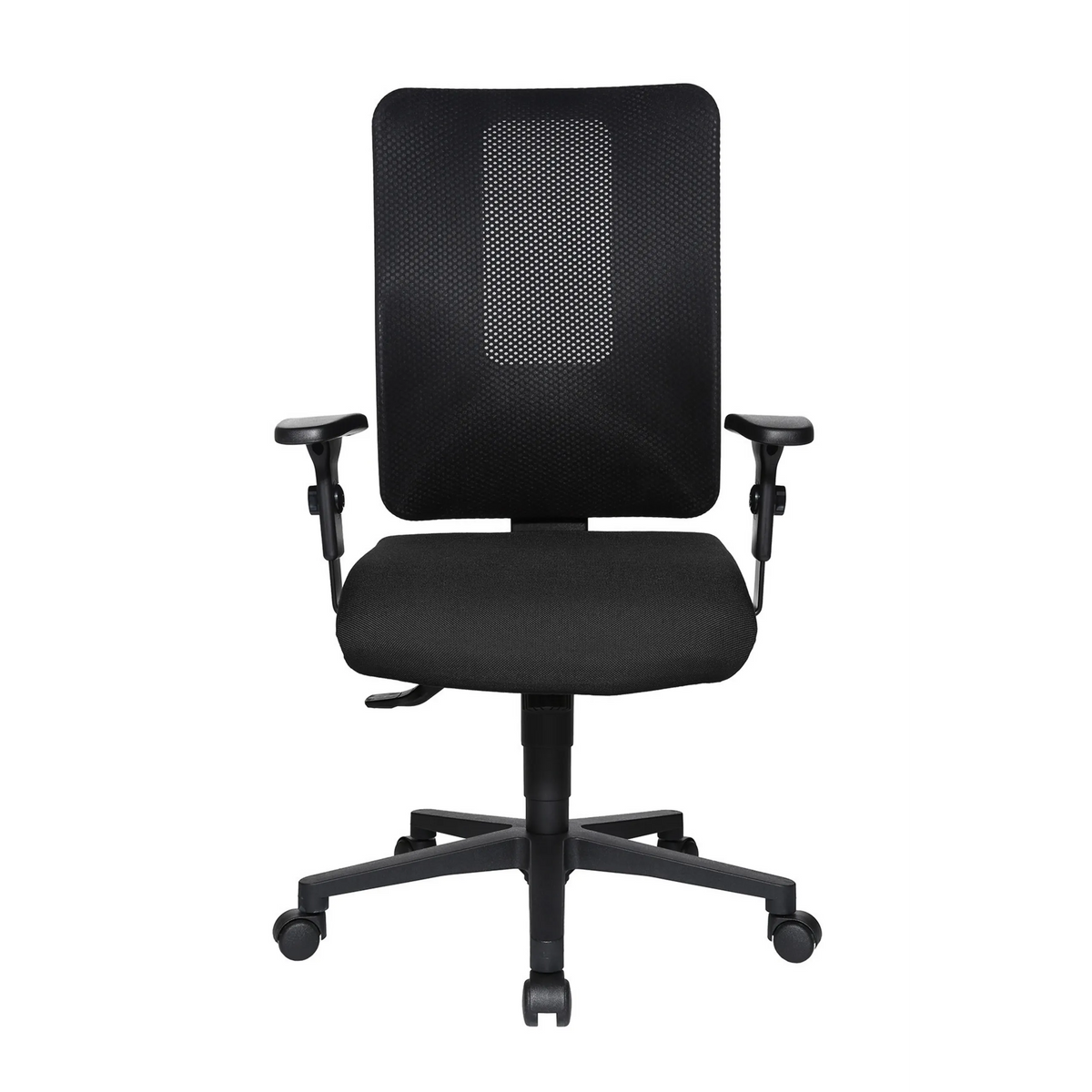 Sedia da ufficio professionale HJH WORK PRO nera con schienale in rete e base a cinque ruote di Topstar – vista a 360° (vista frontale 0°)