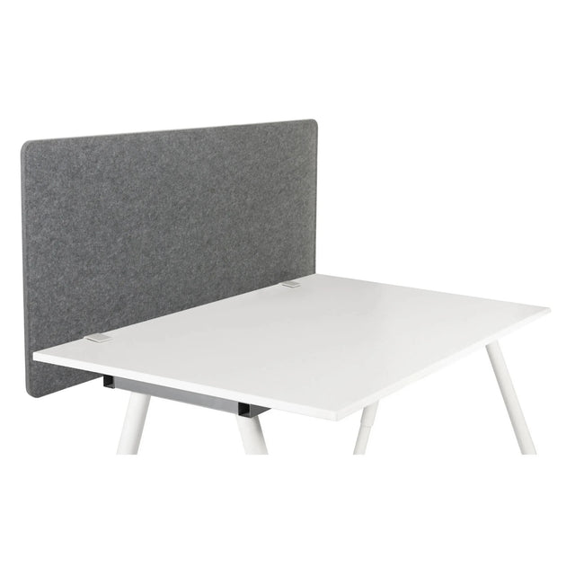 Divisorio per scrivania FLEXMIUT 3D grigio di forma rettangolare su una scrivania bianca di hjh OFFICE