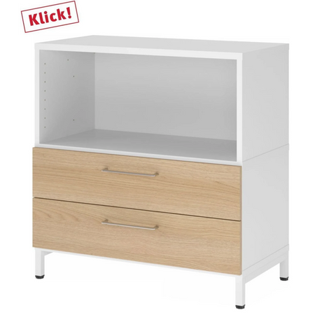 Mobile basso bianco FlexWall con due cassetti color rovere e base bianca di hjh OFFICE PRO