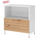 Lowboard FlexWall in bianco e rovere nodoso con vano aperto, due cassetti e struttura bianca di hjh OFFICE PRO