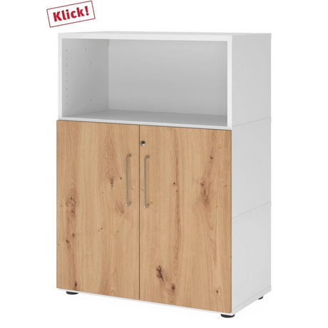 Mobile archivio FlexWall in bianco e rovere con vano aperto e due ante di hjh OFFICE PRO