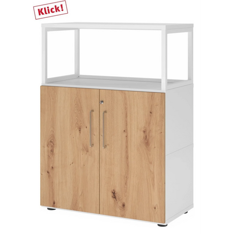 Mobile sottolavabo FlexWall in bianco e rovere nodoso con due ante e un telaio superiore bianco di hjh OFFICE PRO