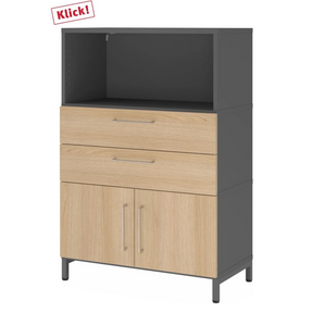 Mobile archivio FlexWall in grafite e rovere con due cassetti, ante e vano aperto di hjh OFFICE PRO