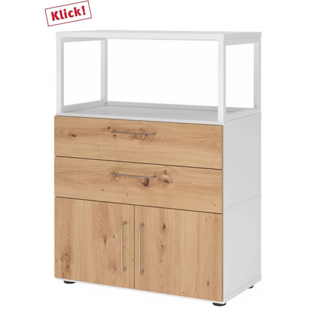 Mobile sottolavabo FlexWall in bianco e rovere acacia con due cassetti, due ante e telaio superiore di hjh OFFICE PRO
