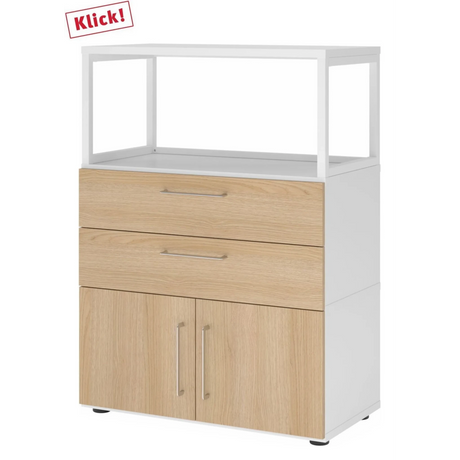 Mobile sottotop FlexWall in bianco e rovere con due cassetti, ante e telaio superiore bianco di hjh OFFICE PRO