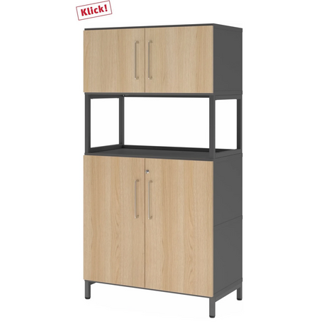 Mobile archivio FlexWall in grafite e rovere con due ante, vano aperto e base a zoccolo di hjh OFFICE PRO