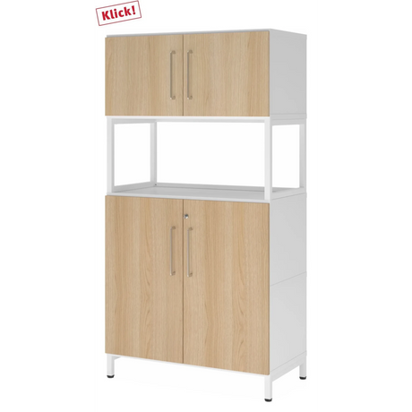 Armadio per documenti FlexWall in bianco e rovere con due ante e base a zoccolo bianca di hjh OFFICE PRO