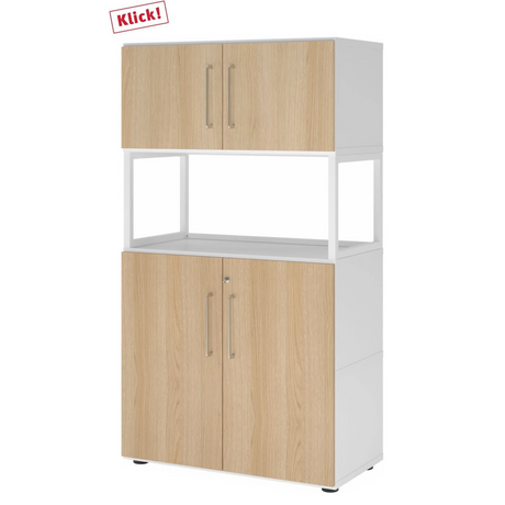 Mobile archivio FlexWall in bianco e rovere con due ante, ripiano aperto e piedini di hjh OFFICE PRO