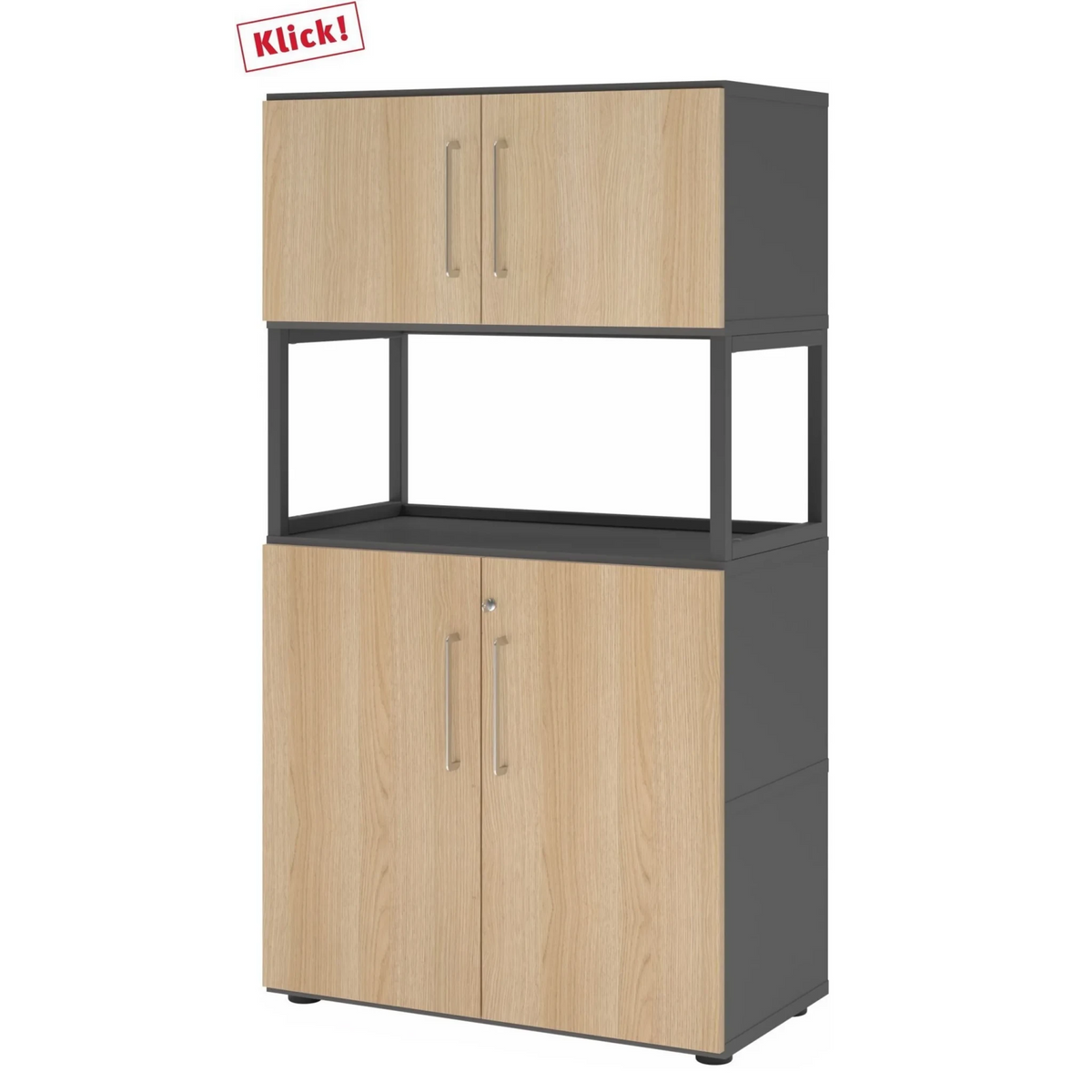 Mobile archivio FlexWall in grafite e rovere con due sezioni a porta e un ripiano centrale aperto di hjh OFFICE PRO