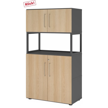 Mobile archivio FlexWall in grafite e rovere con due sezioni a porta e un ripiano centrale aperto di hjh OFFICE PRO