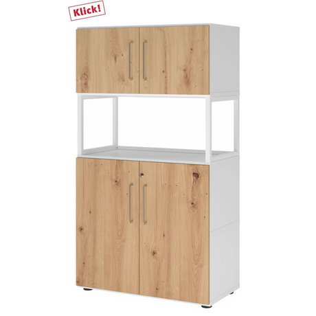 Mobile archivio FlexWall in bianco e rovere acacia con due ante, vano aperto e piedini di hjh OFFICE PRO