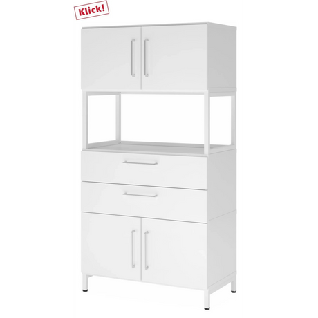 Mobile buffet bianco FlexWall con due ante, due cassetti e un ripiano aperto di hjh OFFICE PRO