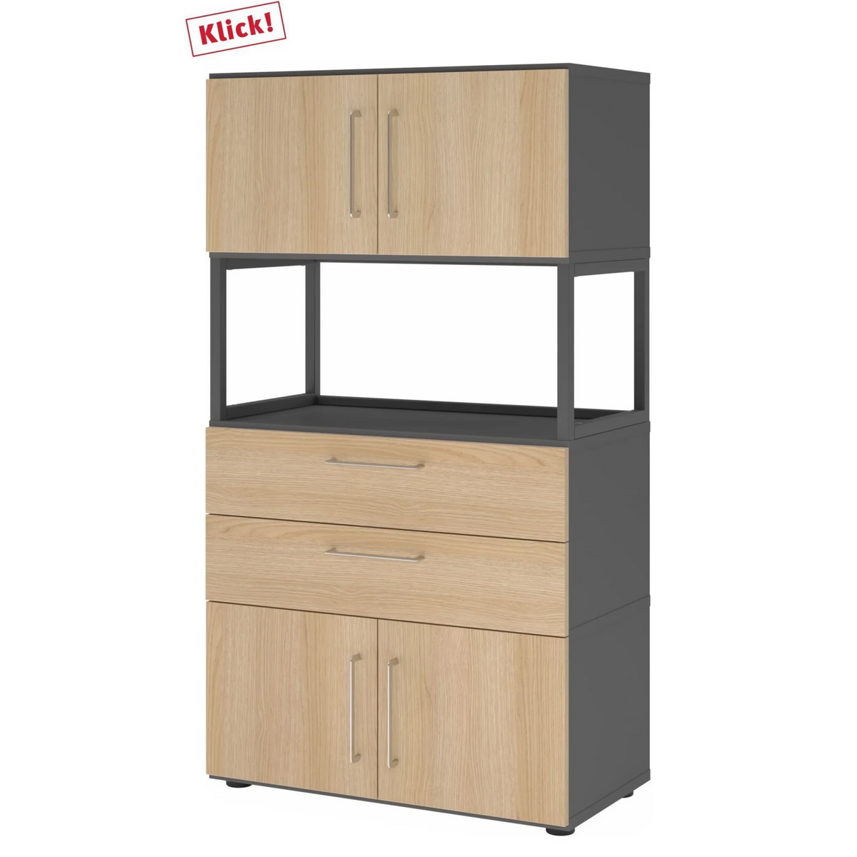 Mobile archivio FlexWall in grafite e rovere con due ante, due cassetti e un ripiano aperto di hjh OFFICE PRO
