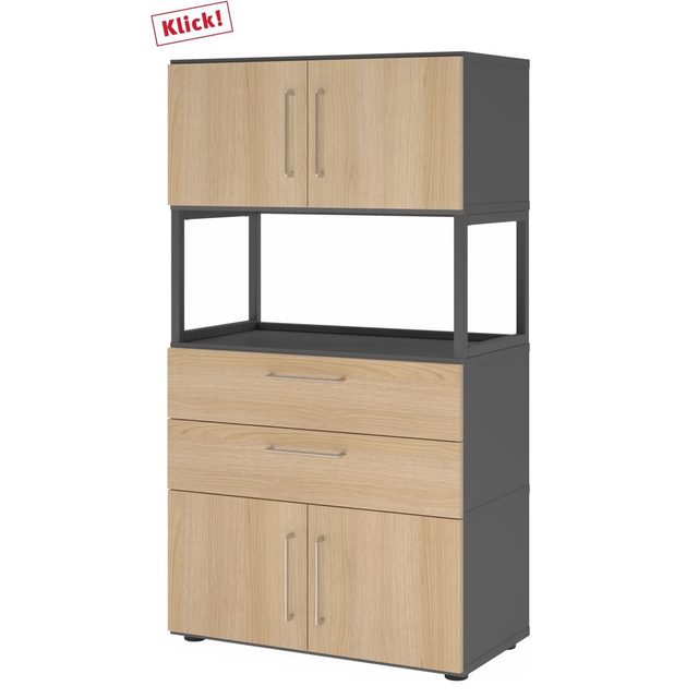 Mobile archivio FlexWall in grafite e rovere con due ante, due cassetti e un ripiano aperto di hjh OFFICE PRO
