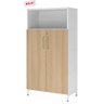 Mobile archivio FlexWall in bianco e rovere con due ante, vano aperto e base bianca di hjh OFFICE PRO